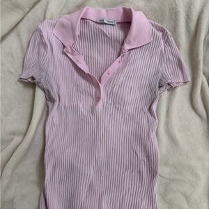 Zara Light Pink Ribbed Button Down Shirt